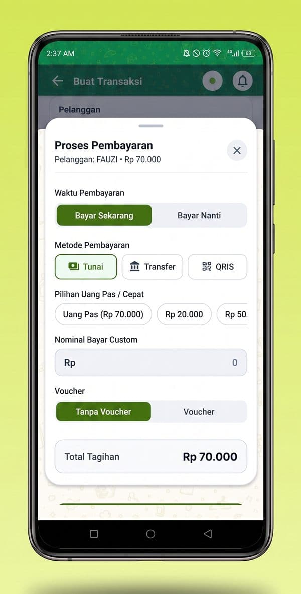 Layar Proses Pembayaran di aplikasi kasir: waktu bayar, metode tunai, transfer, QRIS, voucher, dan total tagihan