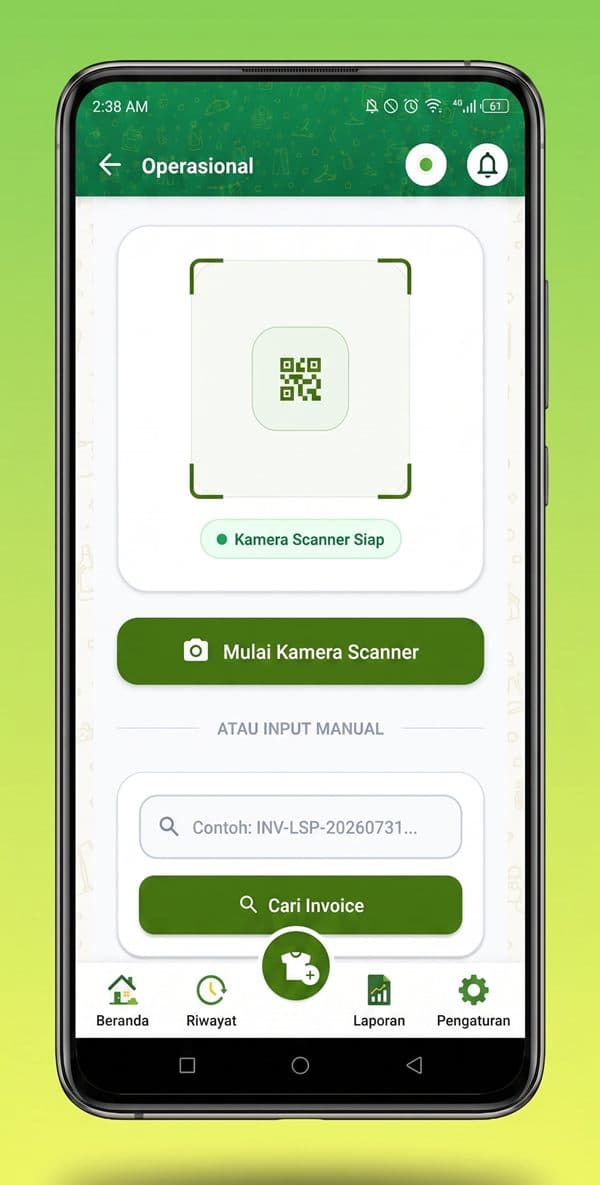 Layar Operasional di aplikasi: tombol Mulai Kamera Scanner dan kolom cari invoice manual